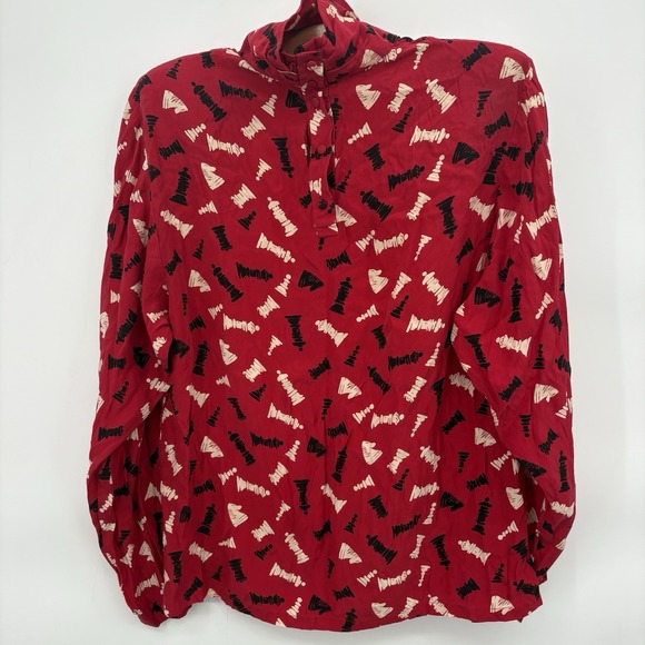 Vtg Barry Bricken Red Chess Piece Mock Neck Blouse Womans Size 10 *see Info* 26H - Picture 2 of 7